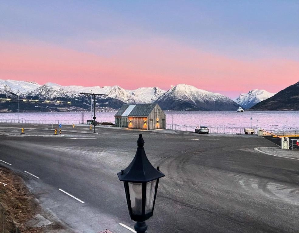 Vangsnes ferry dock and Sognefjord at sunset